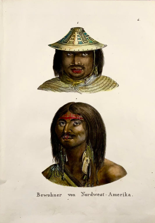 1824 Amérindiens NW - KJ Brodtmann lithographie sur pierre FOLIO colorée à la main - Ethnologie