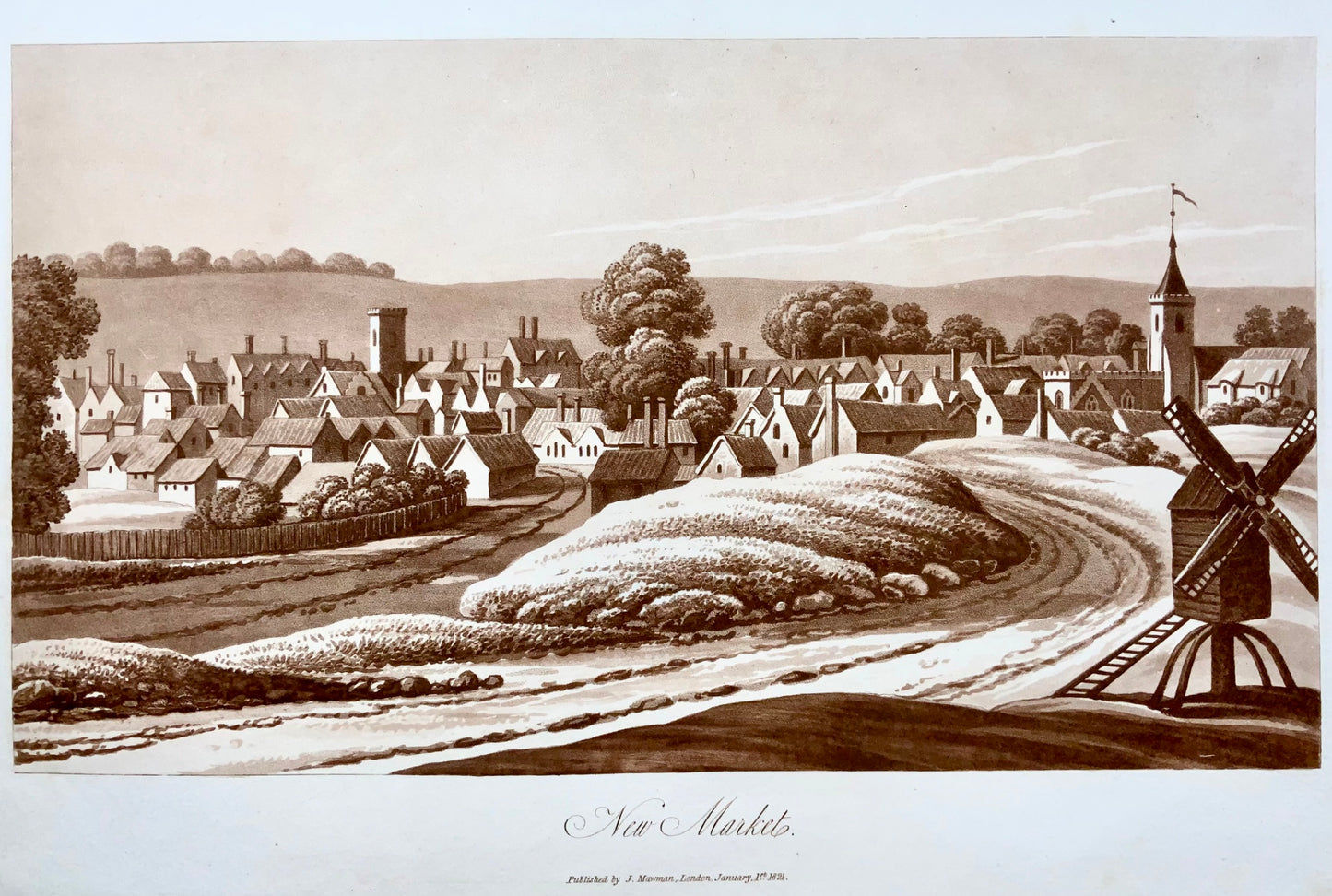 1821 Newmarket, Cambridgeshire, aquatinte sépia par Mawman d'après Shepherd, topographie, voyage