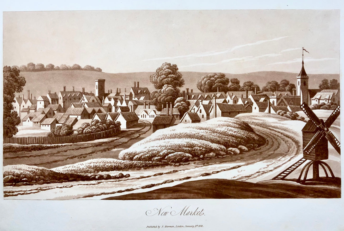 1821 Newmarket, Cambridgeshire, Sepia aquatint by Mawman after Shepherd, topography, travel