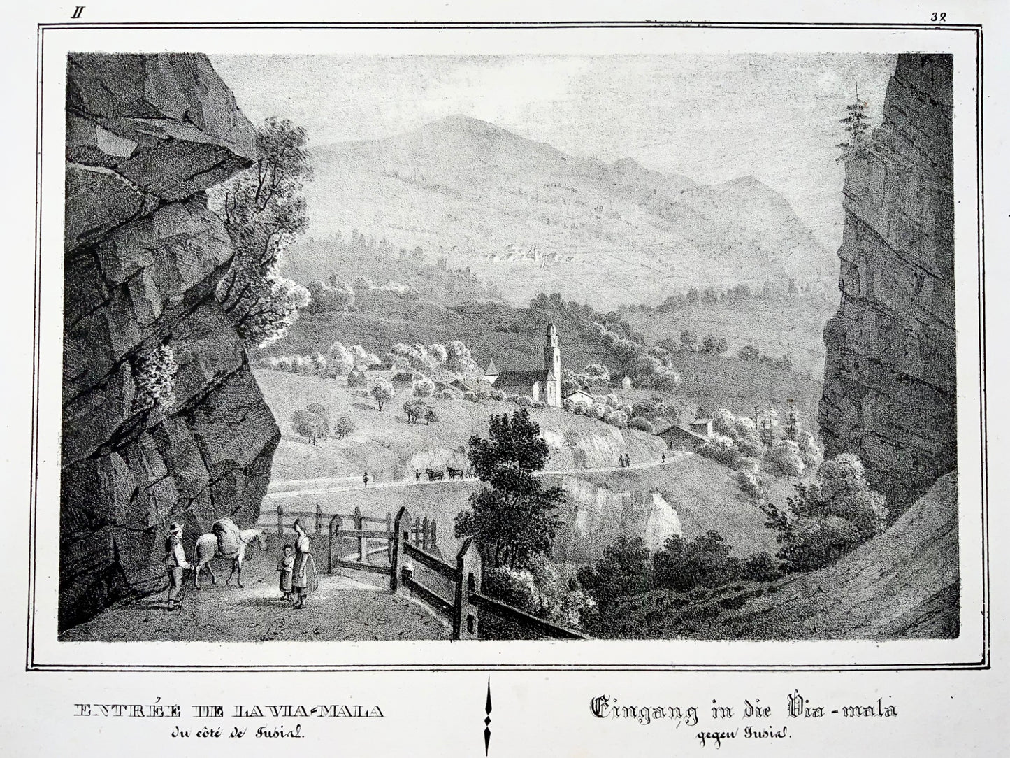 1838 Zillis, Grisons, Via Mala en Suisse, lithographie sur pierre ancienne