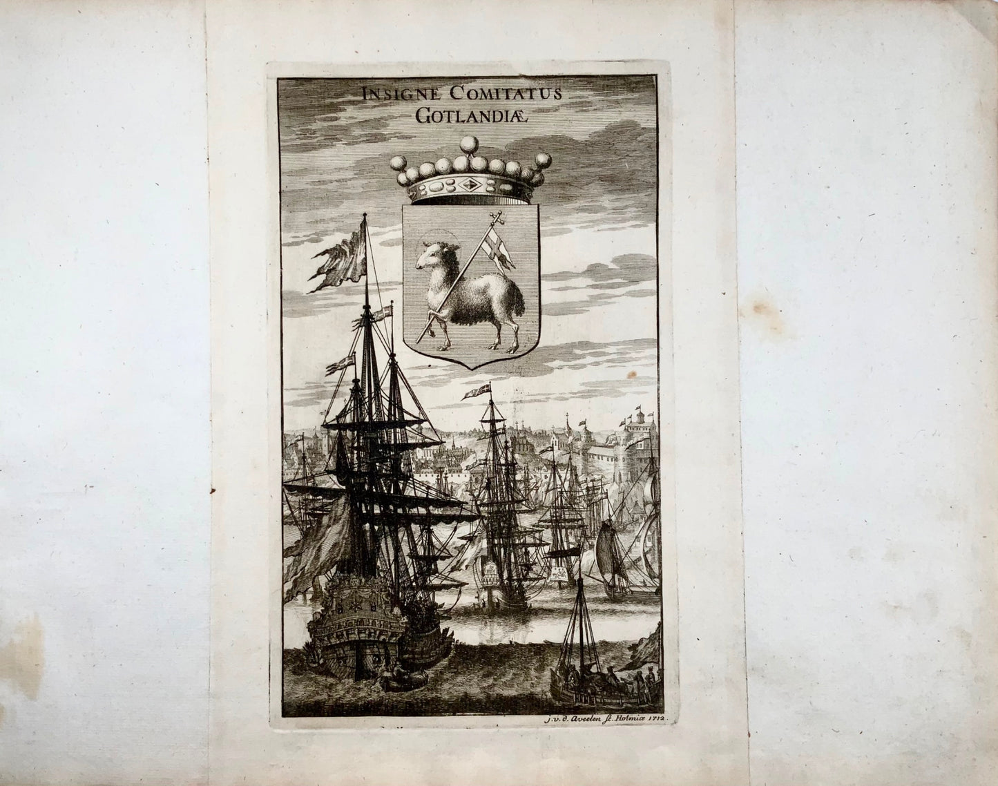 1712 Aveelen, ships in Visby's old harbour, coat of arms of Gotland, maritime