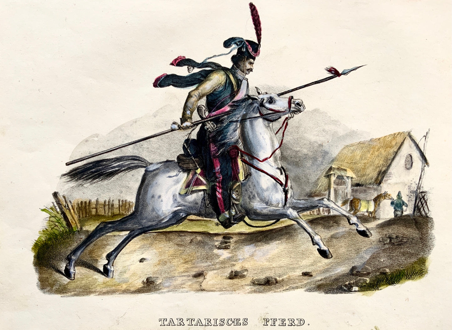 1824 Tartary Horse - K.J. Brodtmann handcol FOLIO stone lithography - Mammal, military history