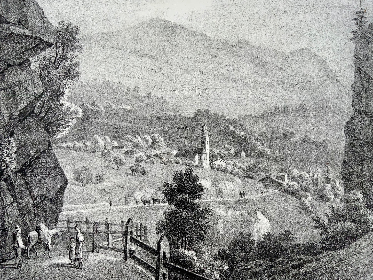 1838 Zillis, Grisons, Via Mala en Suisse, lithographie sur pierre ancienne