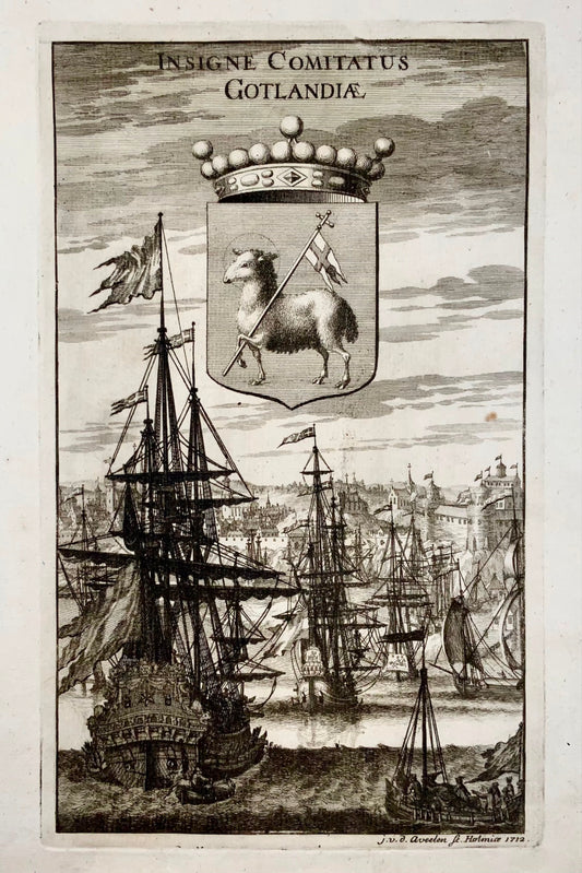 1712 Aveelen, ships in Visby's old harbour, coat of arms of Gotland, maritime