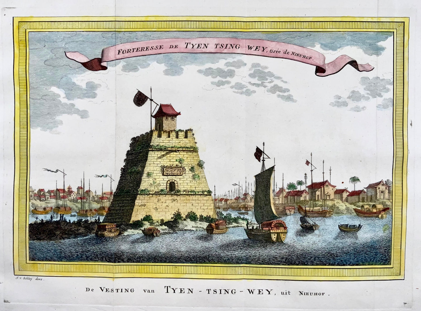 1755 Prévost; Schley, forteresse sur la rivière Pékin, Chine, voyages à l'étranger, carte