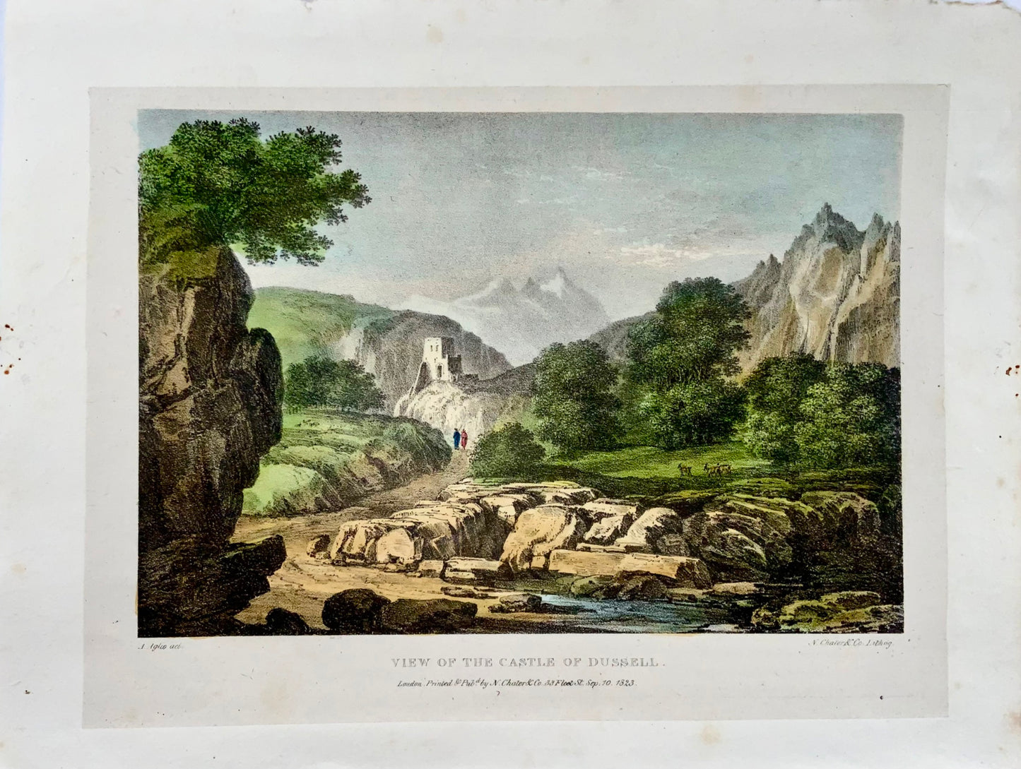 1823 View of the Castle of Dussell, Germany, Agostino Aglio, lithograph, landscape