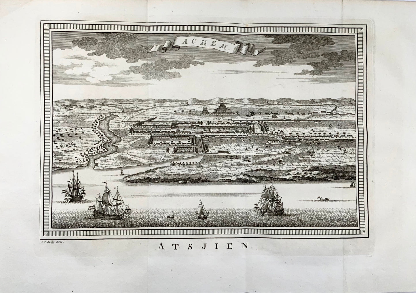1760 J. van der Schley, Kutaraja (Banda Aceh), Indonesia, panoramic view, map