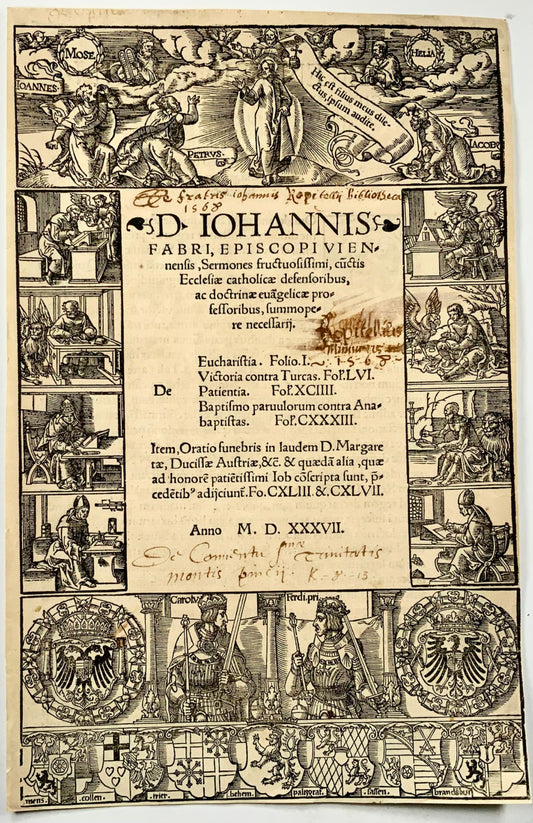 1537 Titre de gravure sur bois, Anton Woensam, bordure gravée sur bois illustrée, Faber, religion