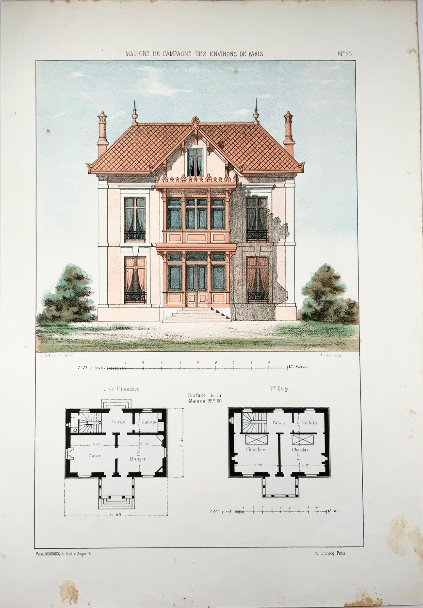 1855 Country Villa, Leblan, original folio hand-colored & colour lithograph, architecture, iv