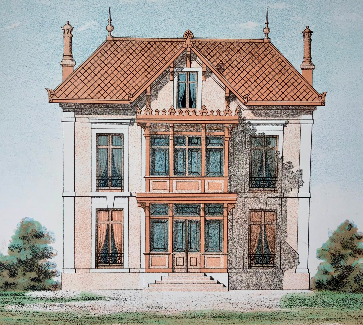 1855 Country Villa, Leblan, original folio hand-colored & colour lithograph, architecture, iv