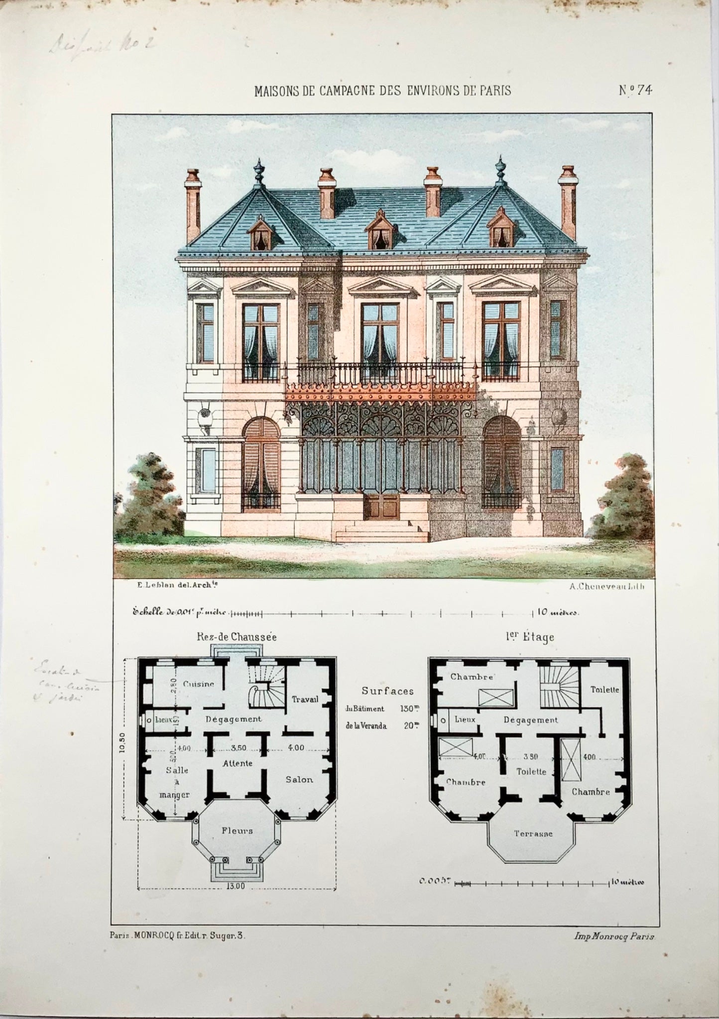 1855 Country Villa, Leblan, folio original colorié à la main et lithographie couleur, architecture