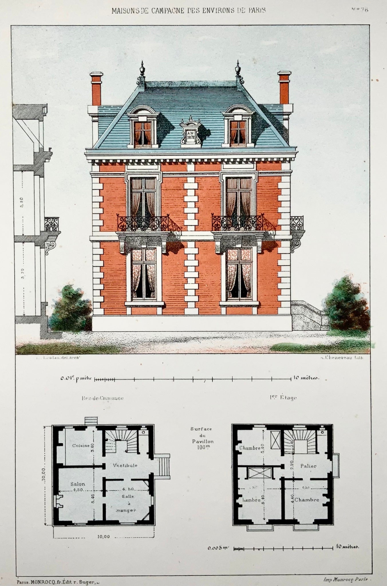 1855 Country Villa, Leblan, original folio hand-colored & colour lithograph, architecture, ii