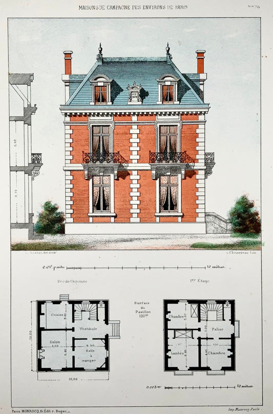 1855 Country Villa, Leblan, folio original colorié à la main et lithographie en couleurs, architecture, ii