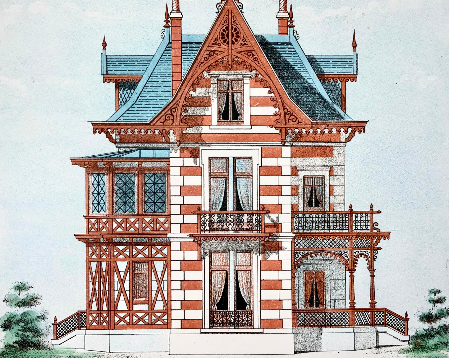 1855 Country Villa, E. Leblan, original folio hand-colored & colour lithograph, architecture