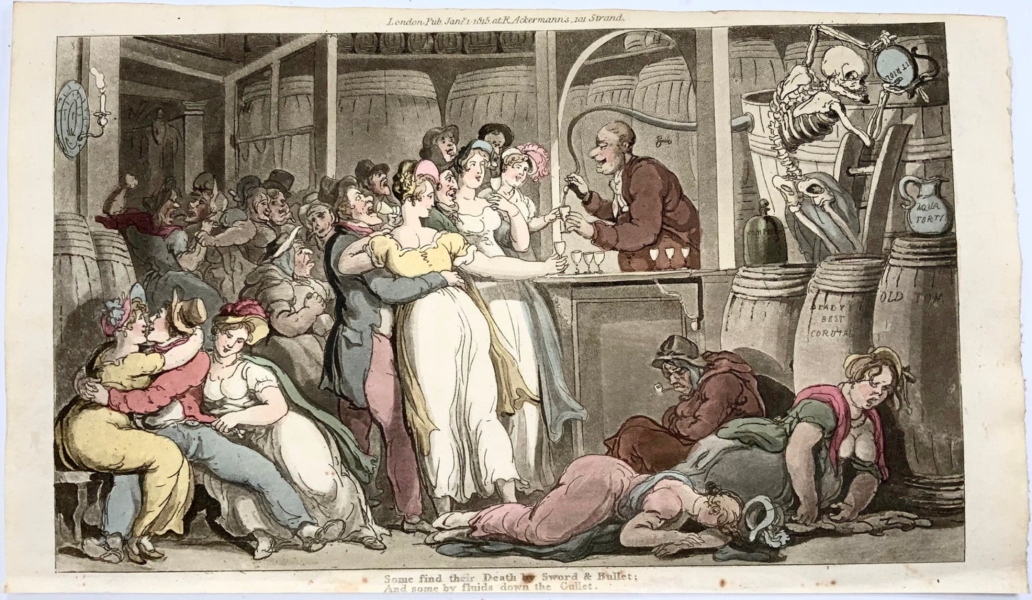 1814 Evil Drink, Alcoholism, Rowlandson, Dance of Death, caricature, aquatint