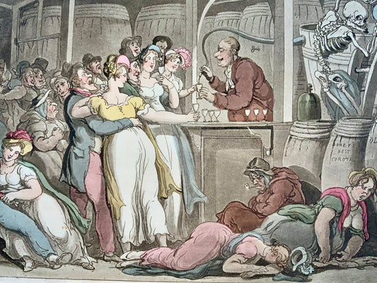 1814 Evil Drink, Alcoholism, Rowlandson, Dance of Death, caricature, aquatint