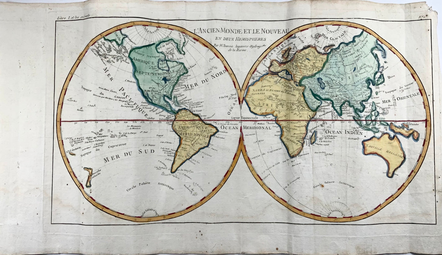 1780 Bonne, carte du monde double hémisphère, colorée à la main