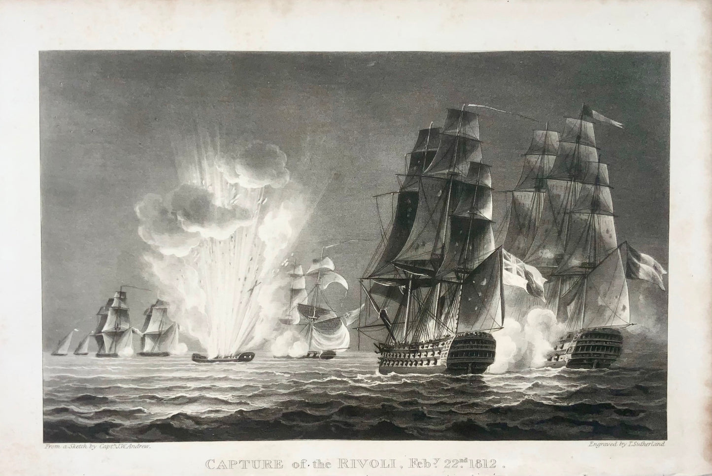 1820 Sutherland, Capture of the Rivoli, 1812, maritime, ship, aquatint