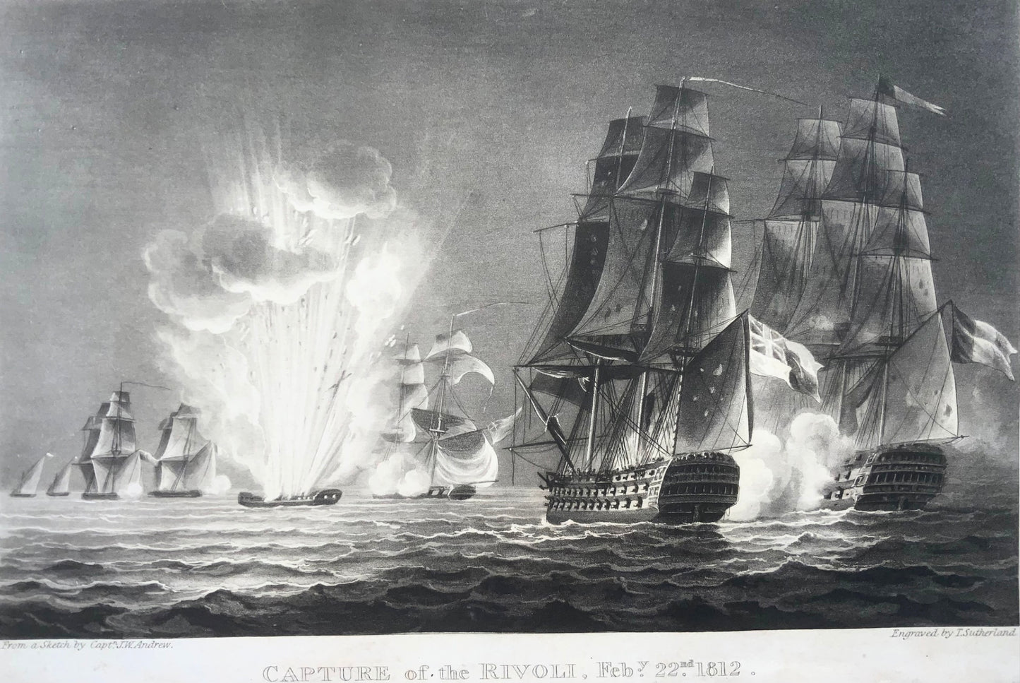 1820 Sutherland, Capture of the Rivoli, 1812, maritime, ship, aquatint