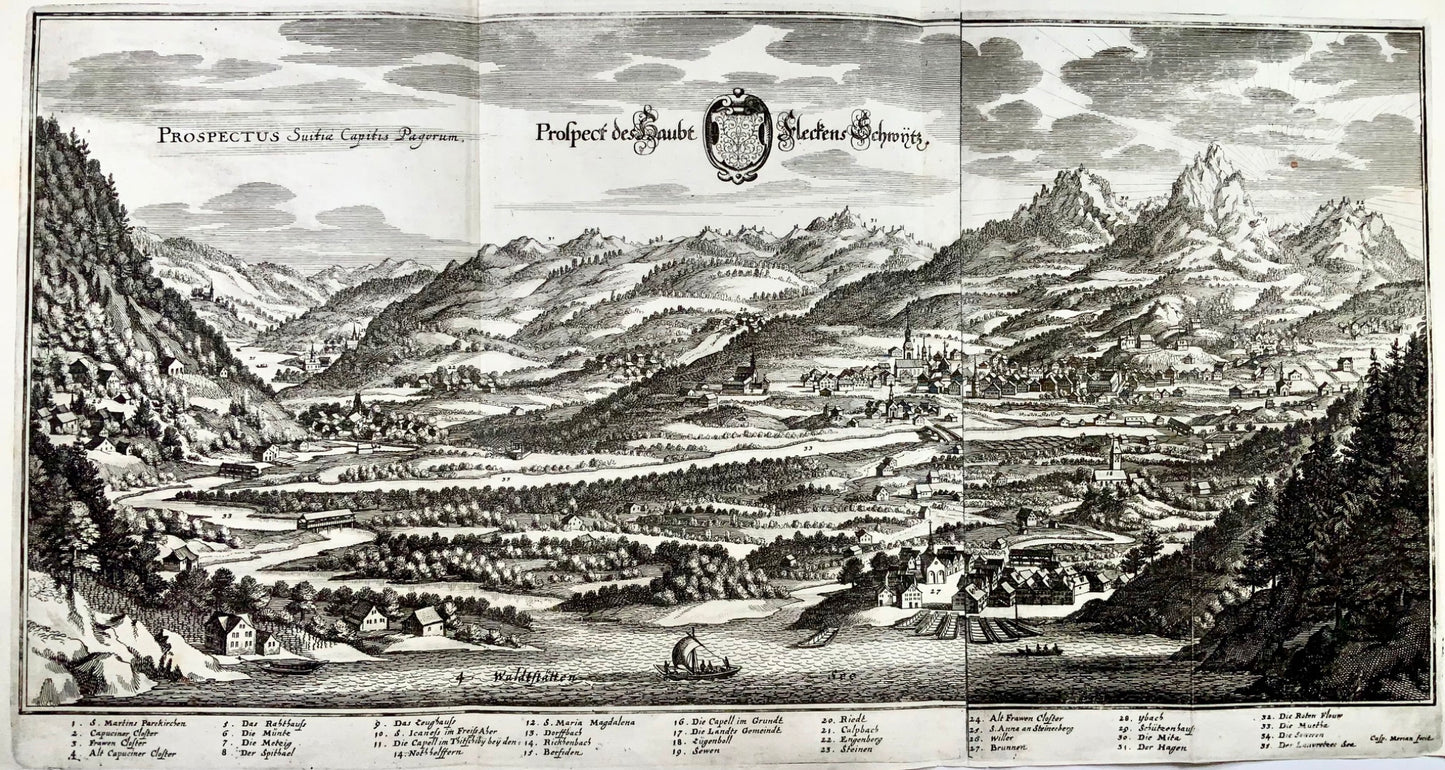 1654 M. Merian, Panorama de Brunnen vers Schwyz, Mythen, Suisse 