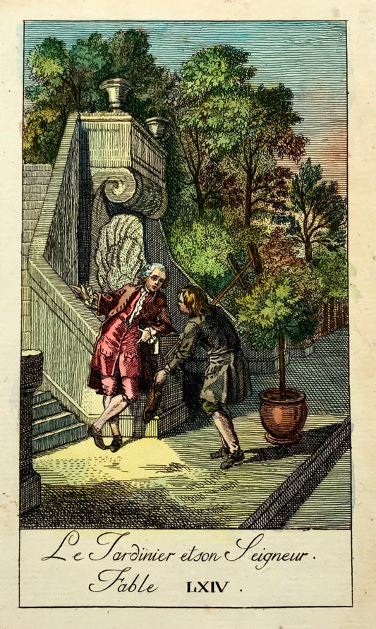 1776 Gardner et son Maître, Savart d'après Oudry, Fontaine, couleur originale à la main