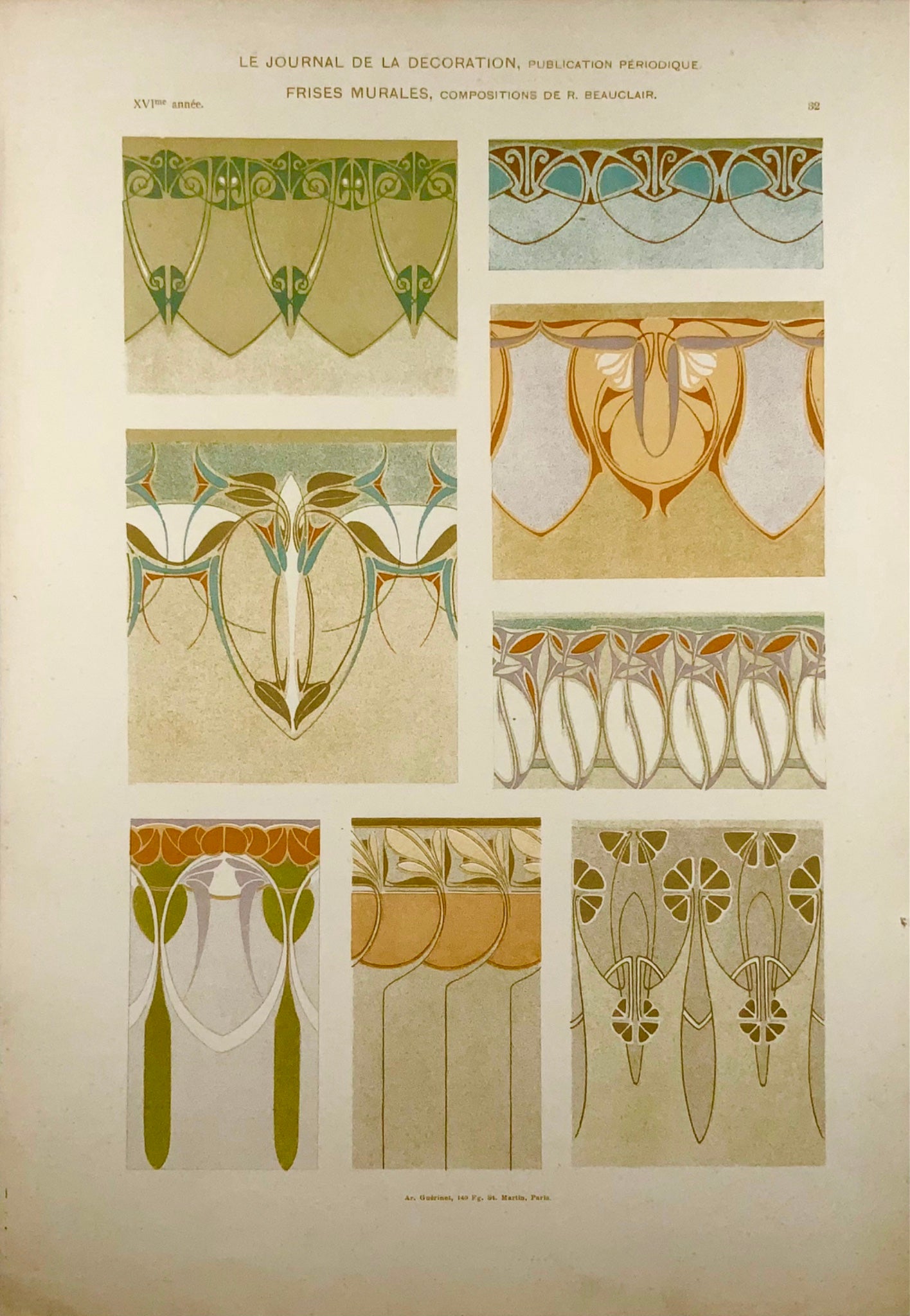 1895 Peintures murales, Frise, décoration, art nouveau, in-folio, paysage floral, art