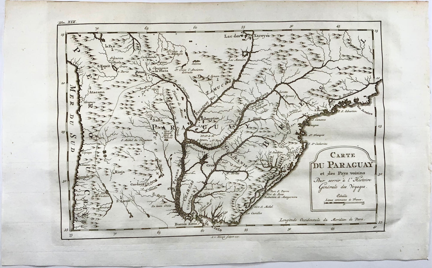 Carte 1771 Bellin, Carte du Paraguay, [ Brésil, Pérou, Chili, Uruguay ] 