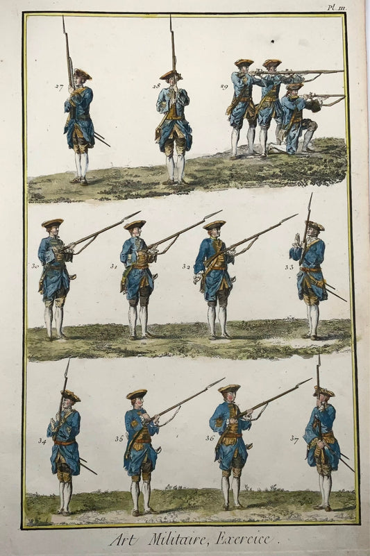 1777 Exercices d'infanterie, grand in-folio, colorié à la main, Diderot, militaire