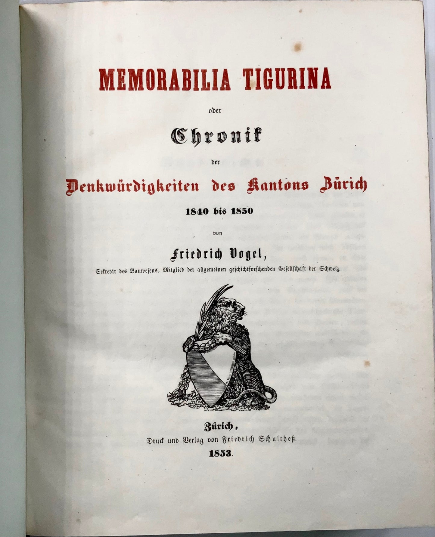 1853 Chronique du canton de Zurich, Suisse, superbes aquatintes, 1840-50