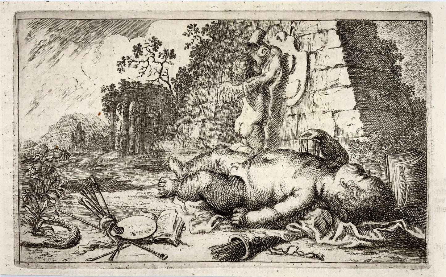 1676 Jean. Sandrart, allégorie sur l'art, palette, vignette, gravure sur cuivre