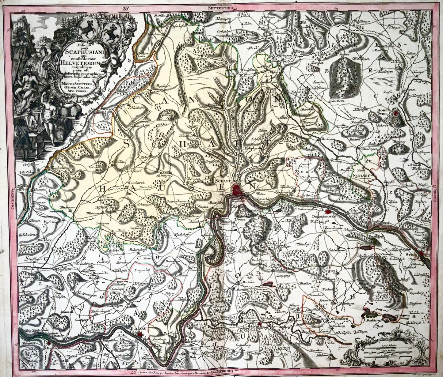 1750 Schaffhouse, Seutter, carte grande et détaillée Suisse