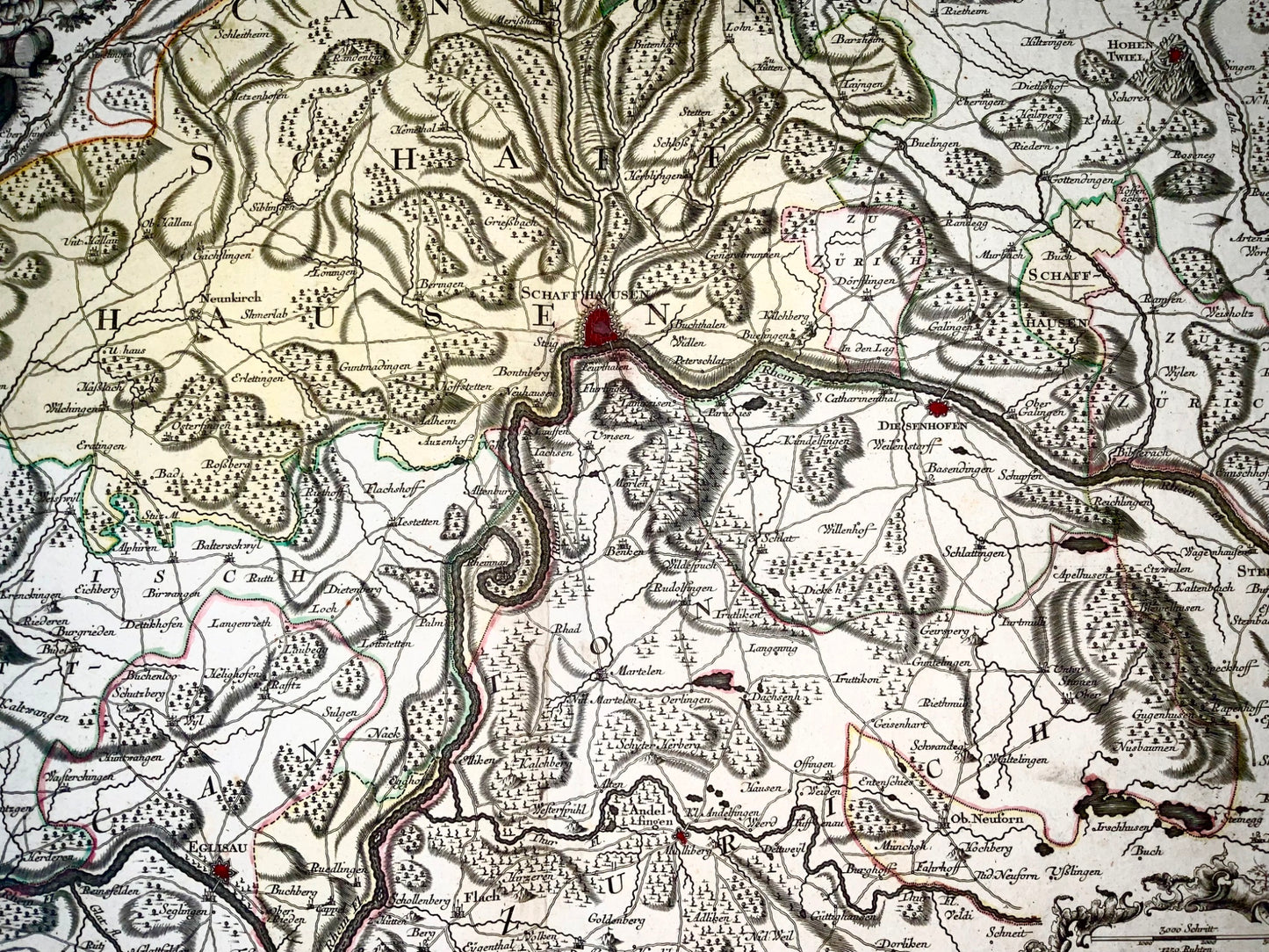 1750 Schaffhausen, Seutter, large and detailed map Switzerland