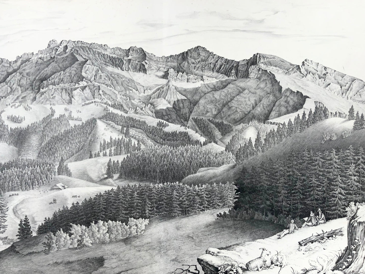 1836 Pilatus, alpine panorama, G. Hoffmann, huge stone lithograph, Switzerland