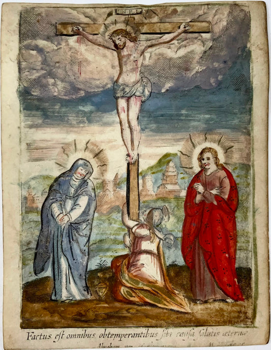 1620c Abraham von Merlen (né en 1579) crucifixion, gravure dévotionnelle sur vélin 