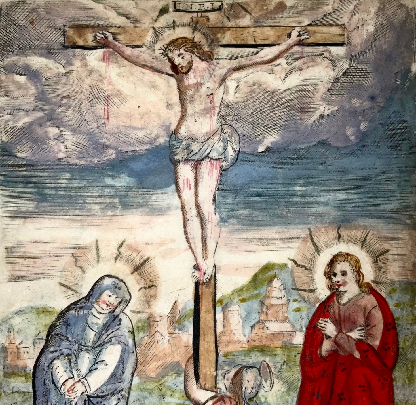 1620c Abraham von Merlen (b. 1579) crucifixion, devotional engraving on vellum