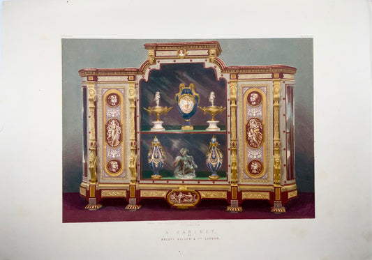 1862 Cabinet, Gillow, grand in-folio, fine lithographie en couleurs, mobilier