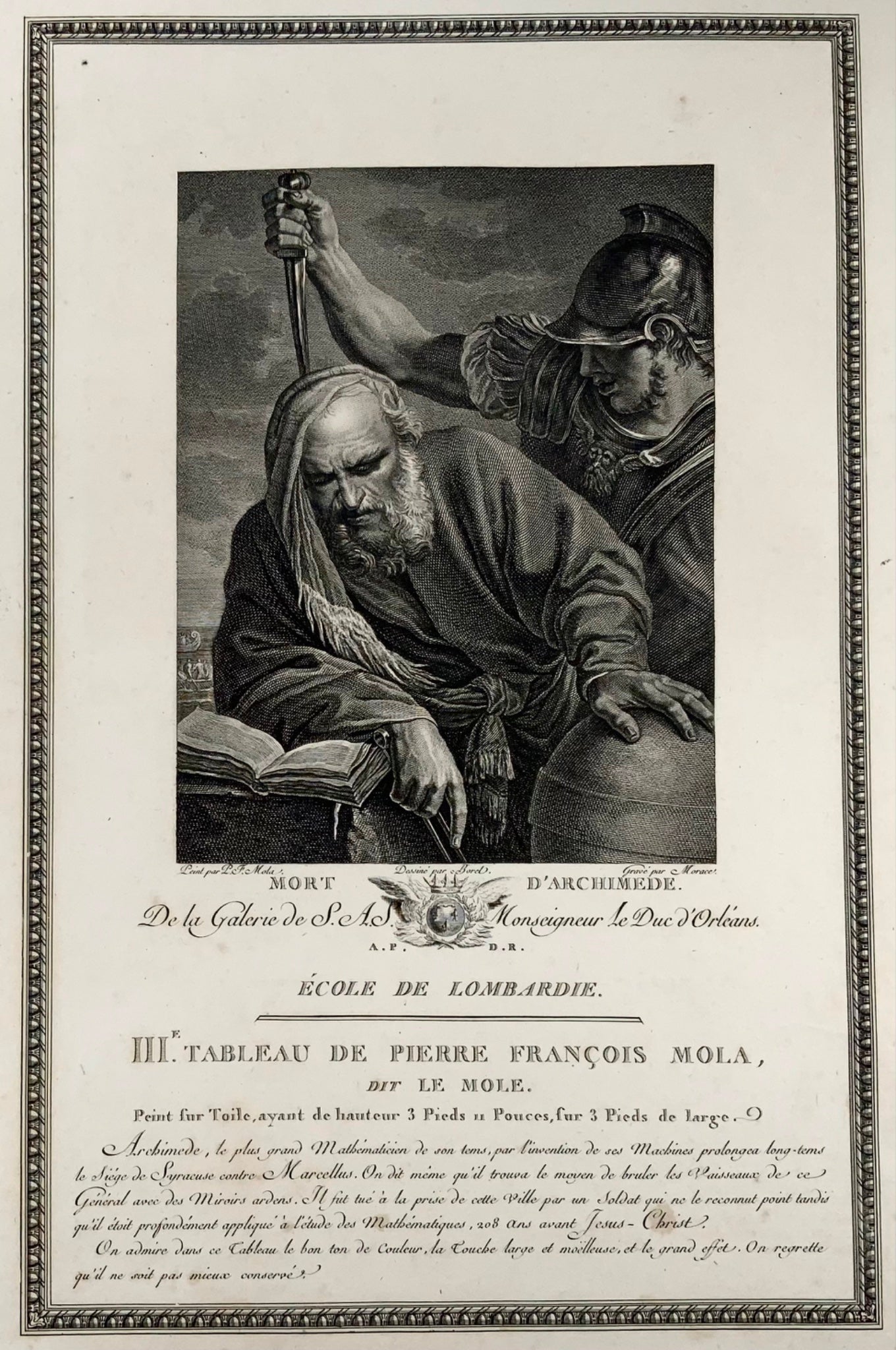 1786 Death of Archimedes, mathematics, Pier Francesco Mola, 53cm engraving, portrait