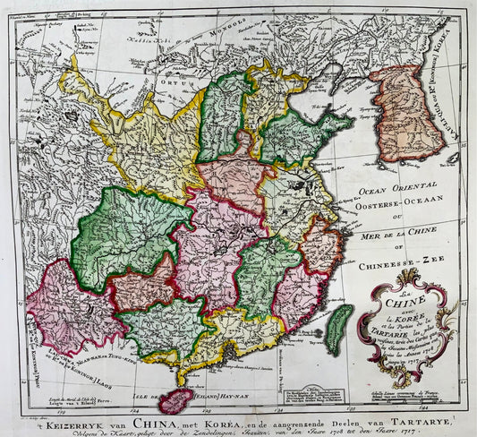 1717 Chine, Corée, Tartarie, Bellin, Schley, grande carte colorée à la main