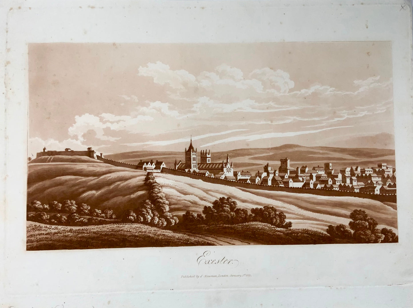 1821 Exeter, Devon, sepia aquatint, Mawman after Shepherd, topography