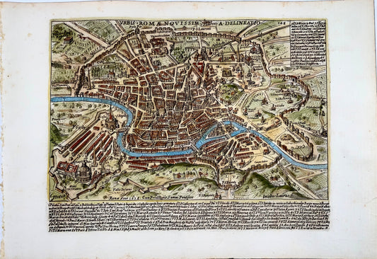 1618 Carte de Rome avec projection oblique, coloriée à la main, J. Laurus