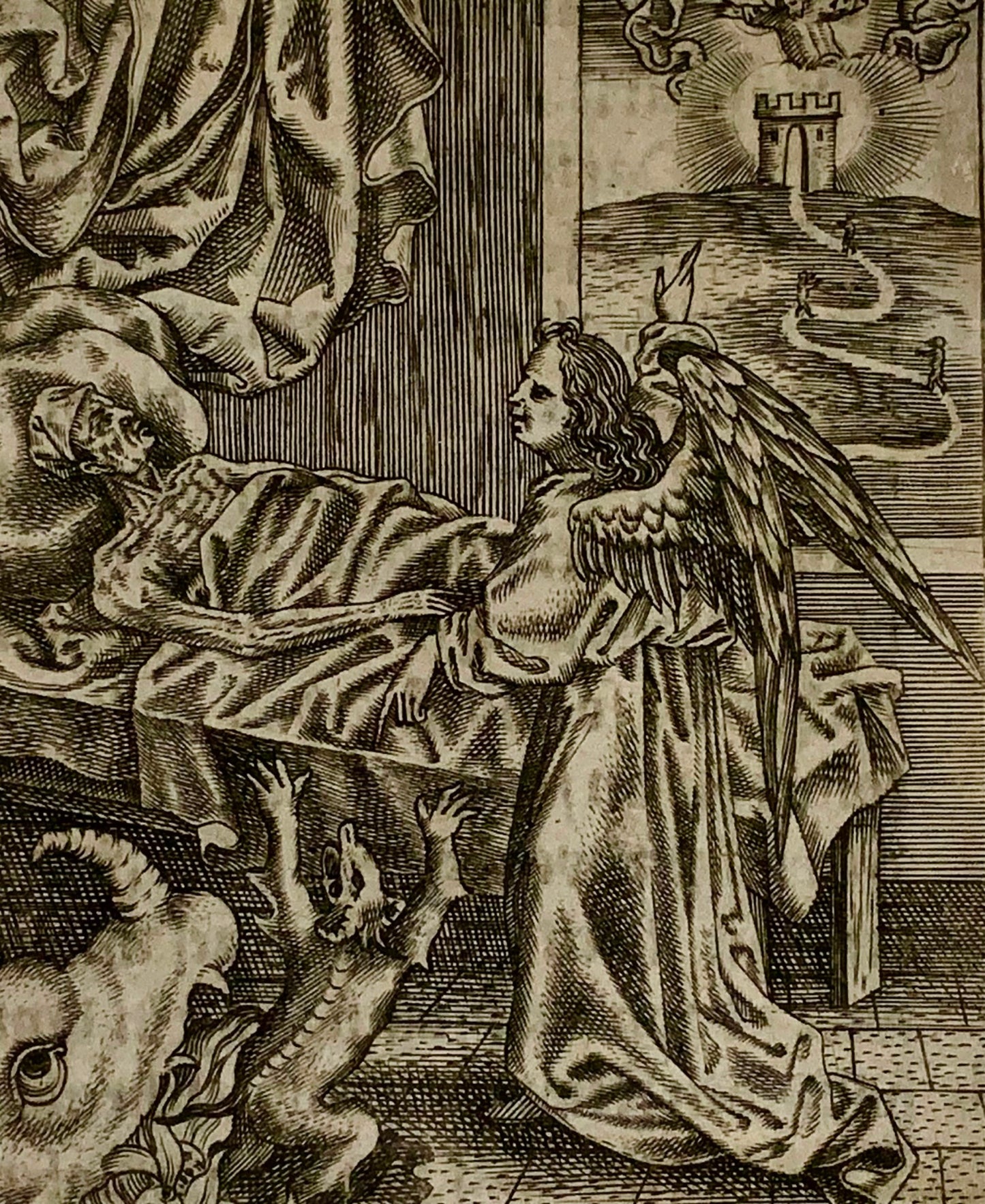 1623 Maître MZ. Ars Moriendi. Ange réprimandant la cupidité, lit de mort, gravure