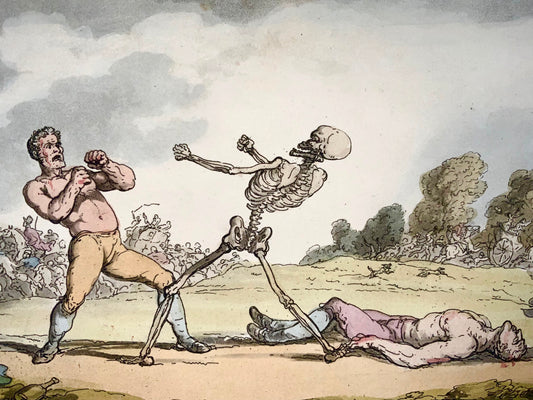 1814 Pugalist, Boxer, Rowlandson, Dance of Death, caricature, humour, aquatint