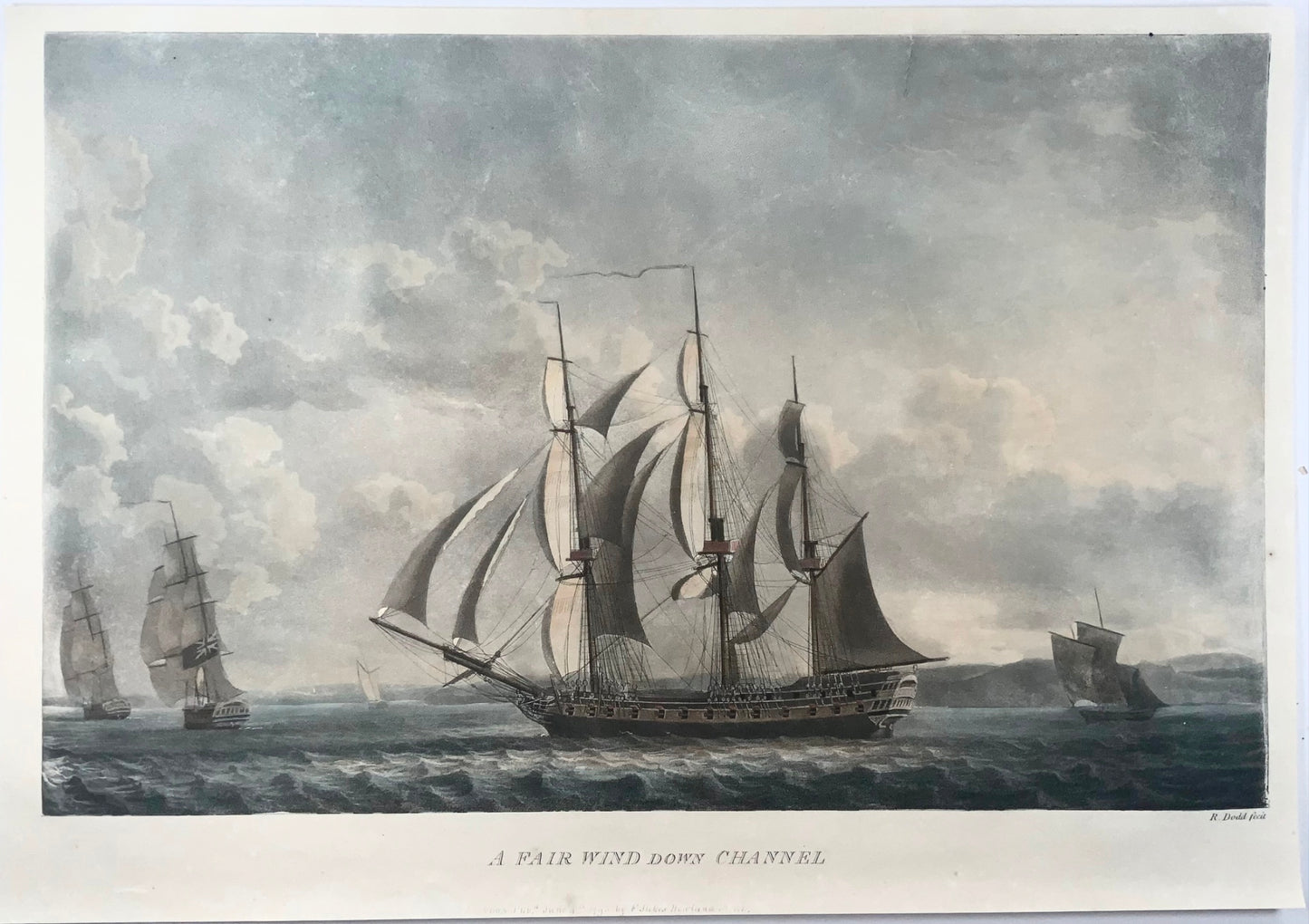 1795 Robert Dodd, Naval frigates, sailing ships, aquatint hand colour, maritime