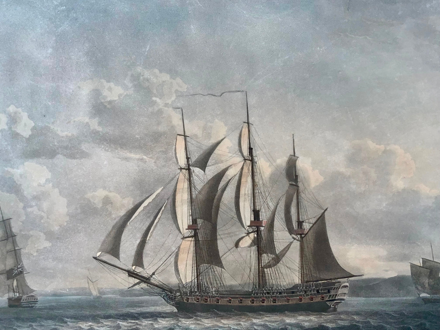 1795 Robert Dodd, Naval frigates, sailing ships, aquatint hand colour, maritime