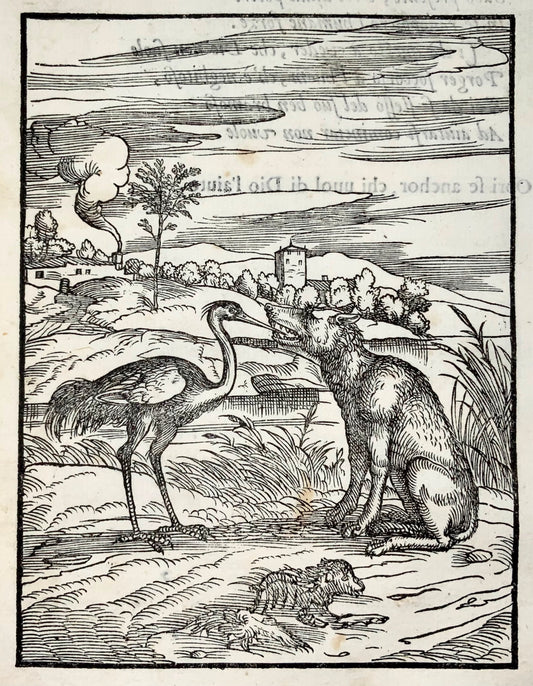 1570 The Wolf and the Heron, Verdizotti (b 1525), woodcut, fable, art
