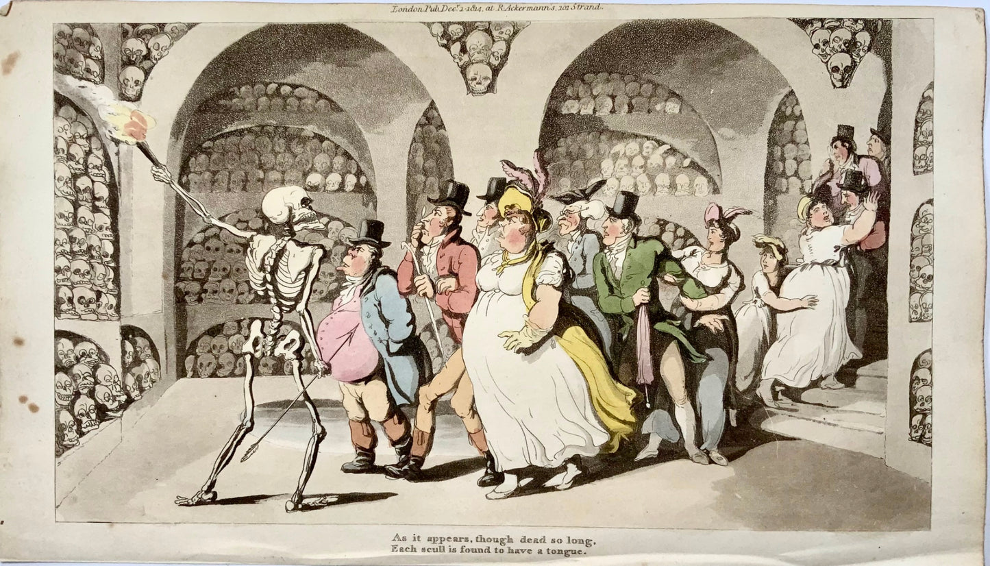 1814 The Bone House, Rowlandson, Dance of Death, caricature, humour aquatint