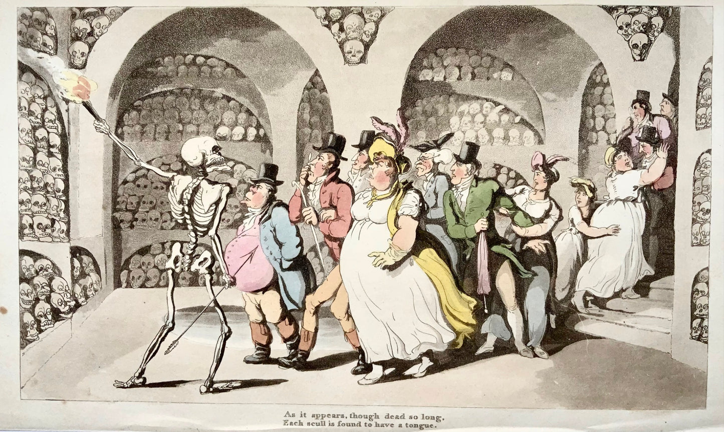 1814 The Bone House, Rowlandson, Dance of Death, caricature, humour aquatint