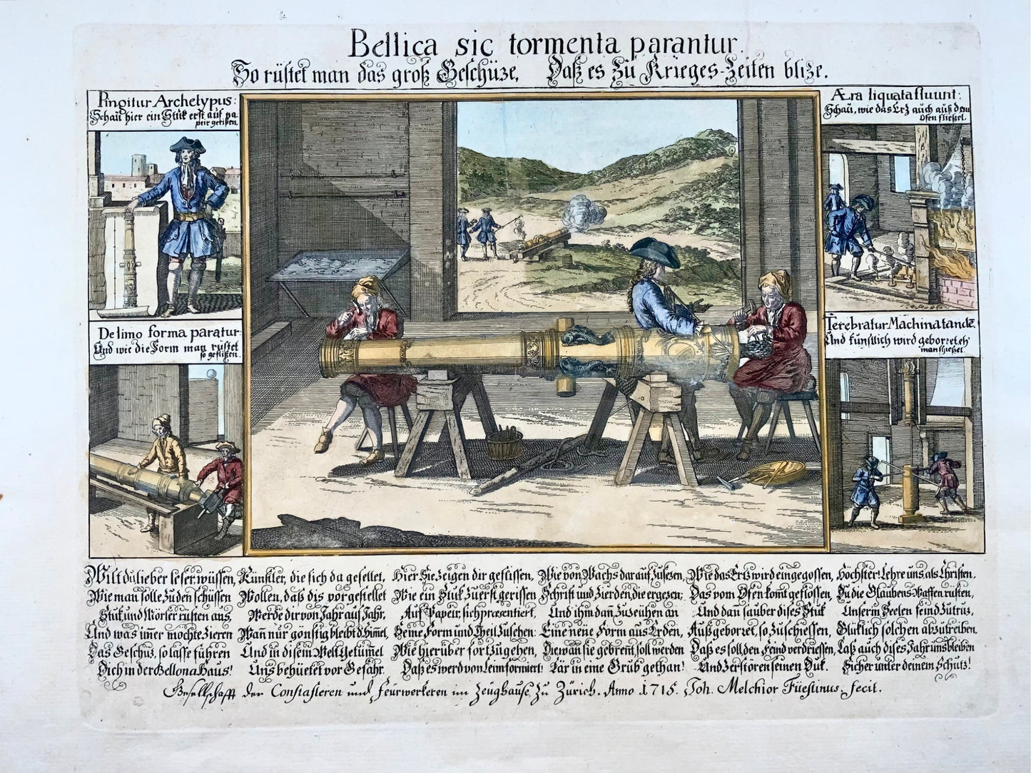 1715 Military broadside, artillery, canon production, Fuessli, folio