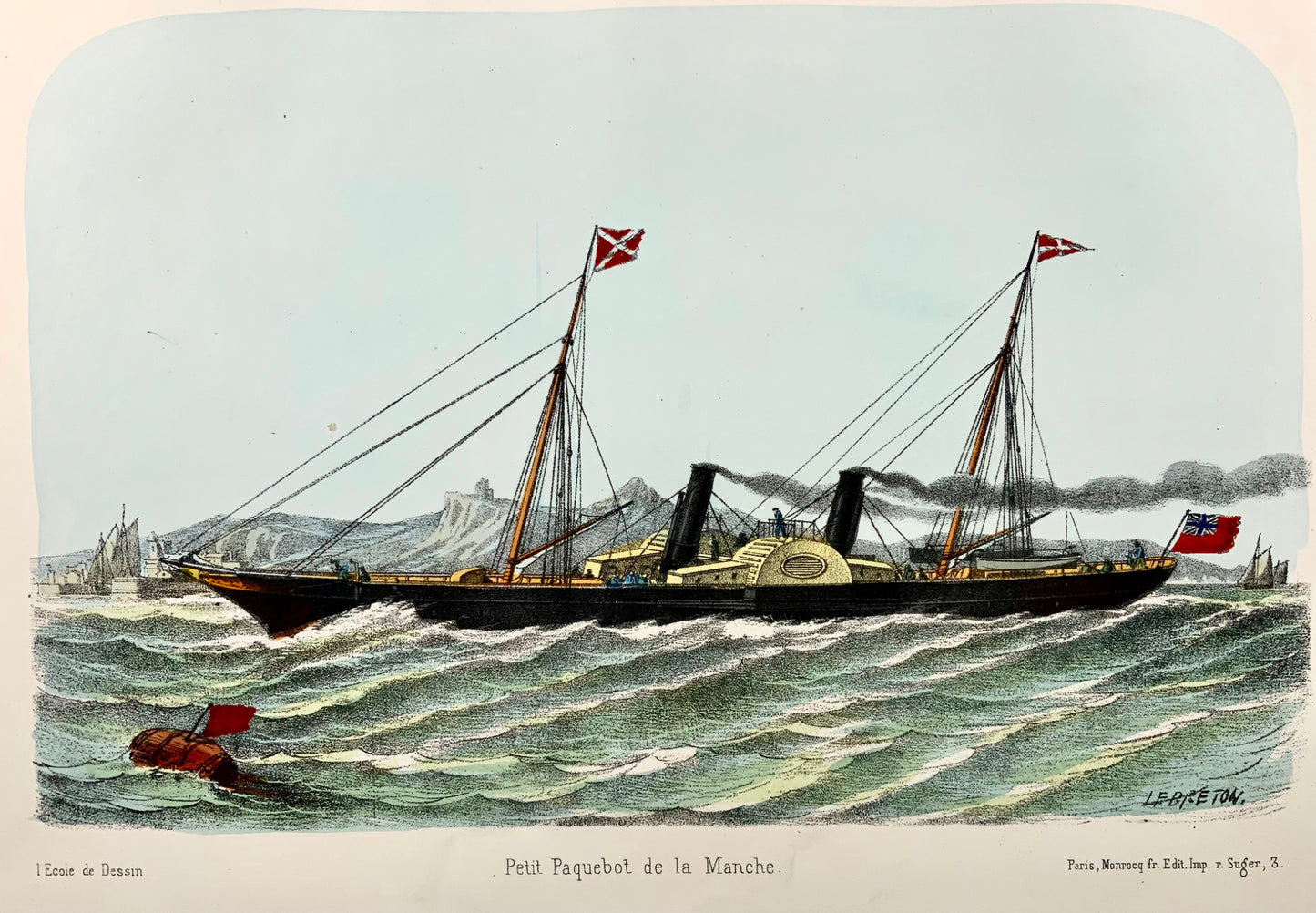 1860 c. L. Lebreton, Steam Ship Liner, folio stone lithograph, hand colour