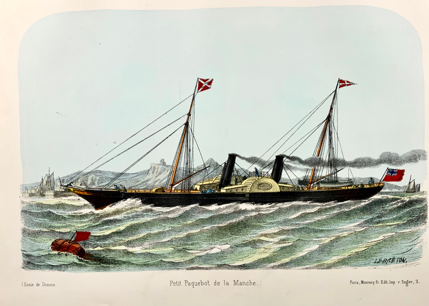 1860 c. L. Lebreton, Steam Ship Liner, folio stone lithograph, hand colour
